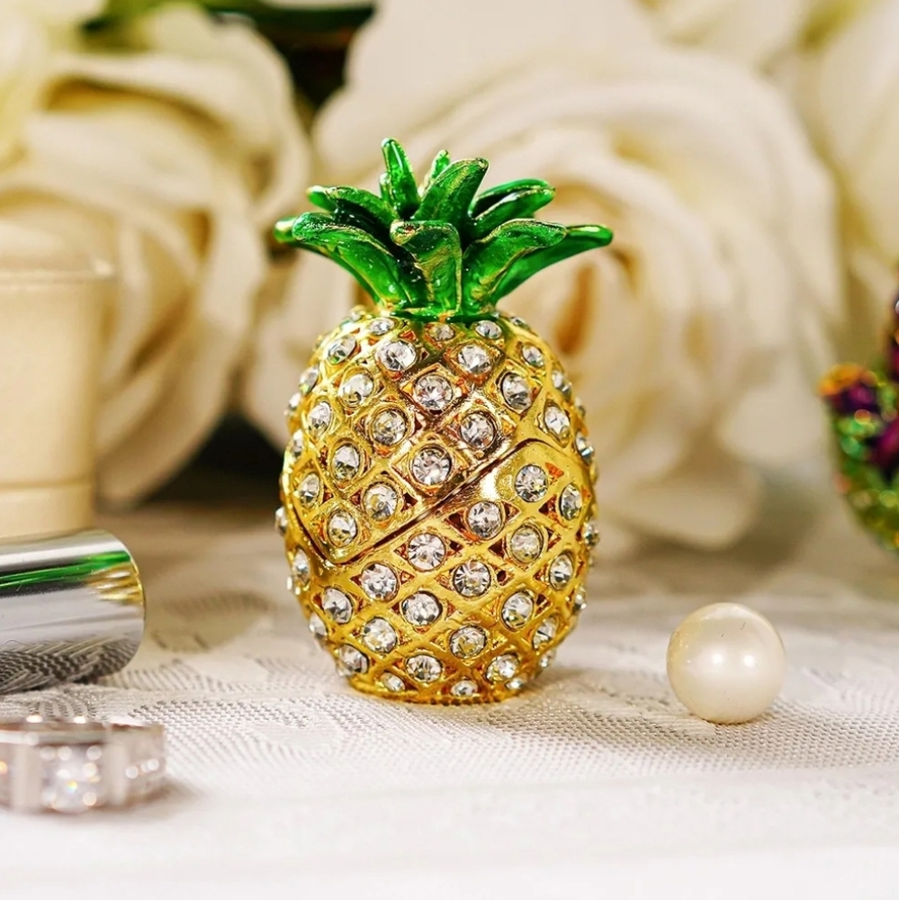 Crystal & Rhinestone Hand-Painted Pineapple Hinged Trinket Box